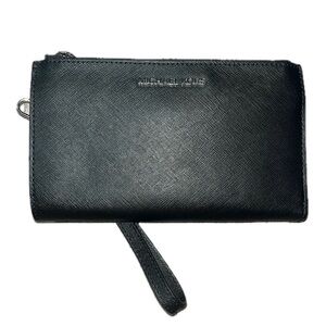 Michael Kors Black Leather Jet Set Double Zip Wallet Wristlet Silver-Tone Accent